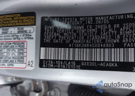 2005 Toyota Avalon Xls z USA, uszkodzony, nr VIN 4T1BK36B45U048903